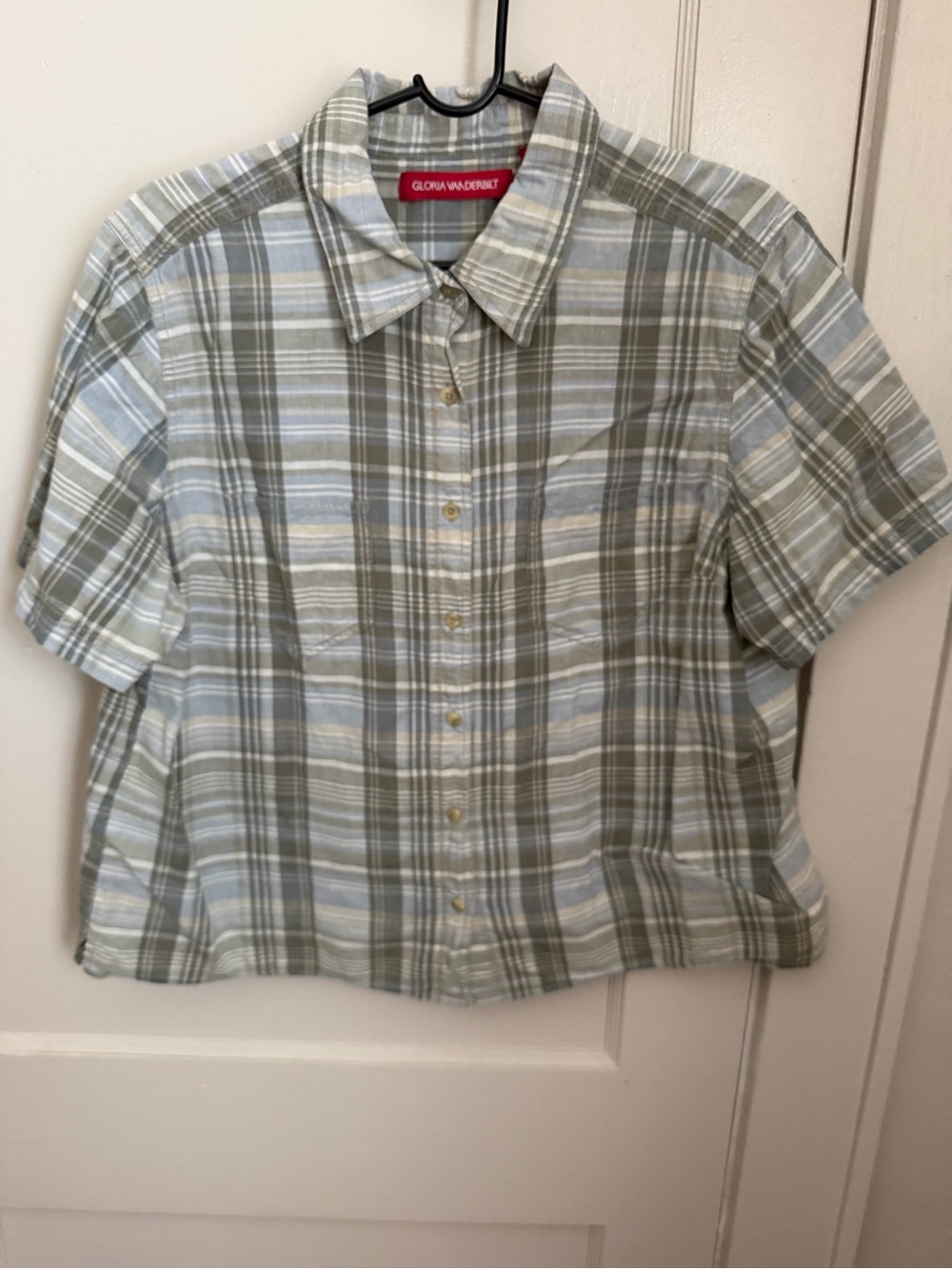 Gloria Vanderbilt Plaid Short-Sleeve Button-Down in Light Blue and Olive Green